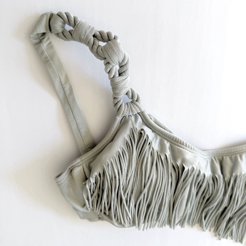 DESPI GRAY SINGLE STRAP HANGING FRINGE ROPE BIKINI TOP BOTTOM SET - Picture 4 of 7